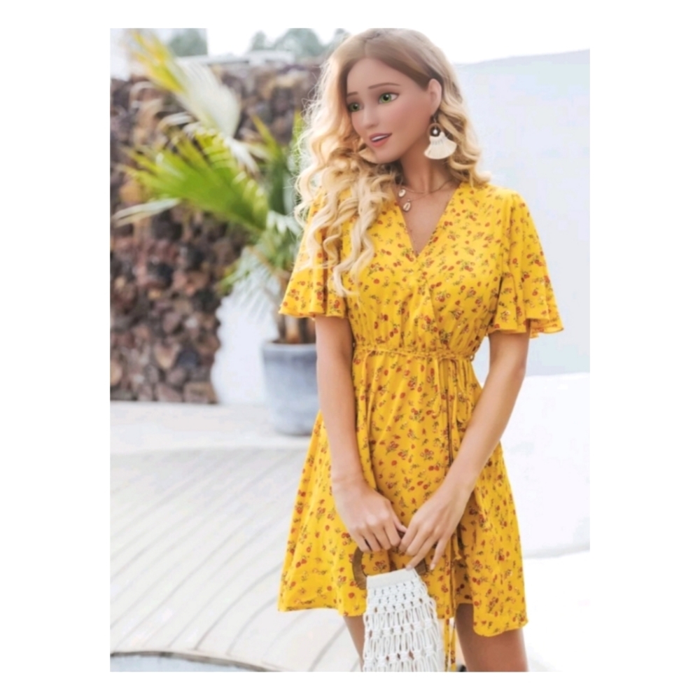 (NEW) Ditsy Floral Surplice Belted Dress